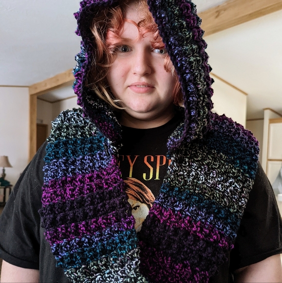 Hand Crafted Accessories - Pretty nice Crochet Scarf with detachable hood. Pretty purples, blues and black